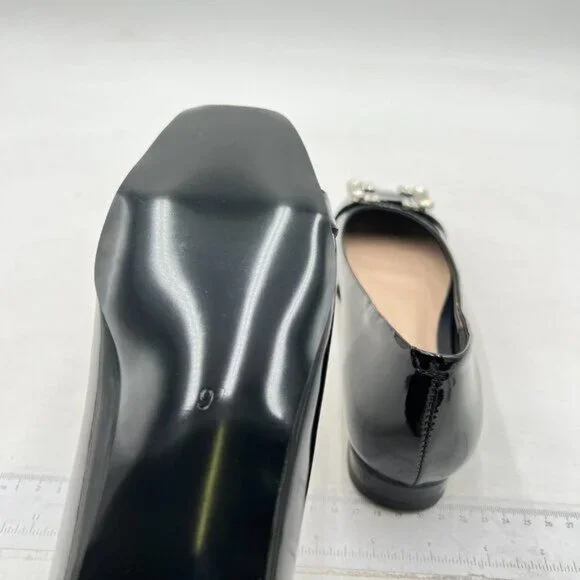 FYS flats square toe Rhinestone Crystal Low Chunky Heel Shoes Black - Picture 5 of 7